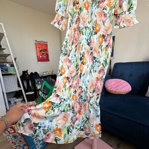 Simple Floral Smocked Midi Dress in Pink, Orange & Green